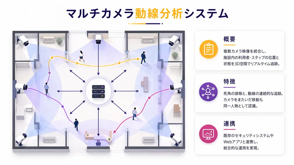工場内の人物追跡・導線分析の概念図