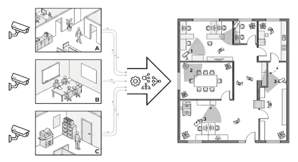 マルチカメラ鳥瞰図変換による空間全体の導線可視化
