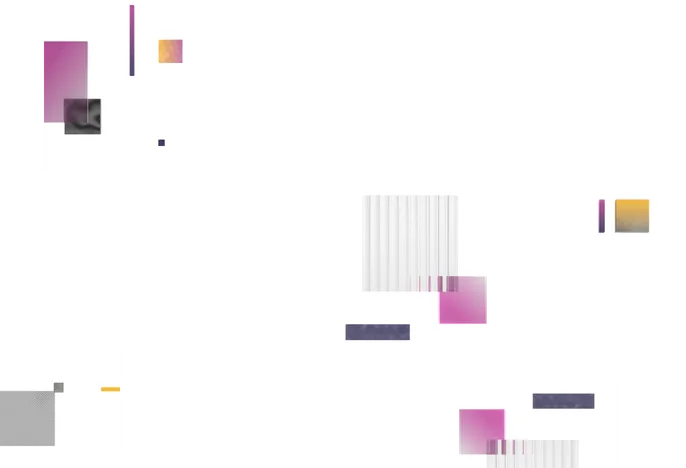 黒いシャツとジャケットを着用した若い男性のポートレートで、背景は白く、周囲に紫や黄色、グレーの幾何学的なグラデーションタイルやデジタルグリッドの要素が浮遊している。